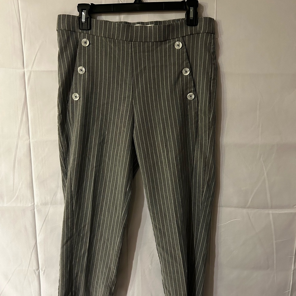 Jules & Leopold Grey Pinstripe Pants Women’s Large | Button Detail Dress Slacks